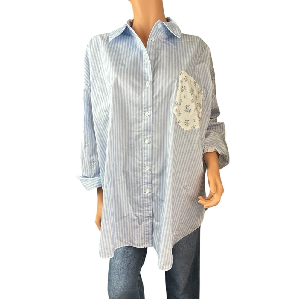 For Love & Lemons Blue Striped Button-Up Sleep Shirt Floral Pocket womens medium